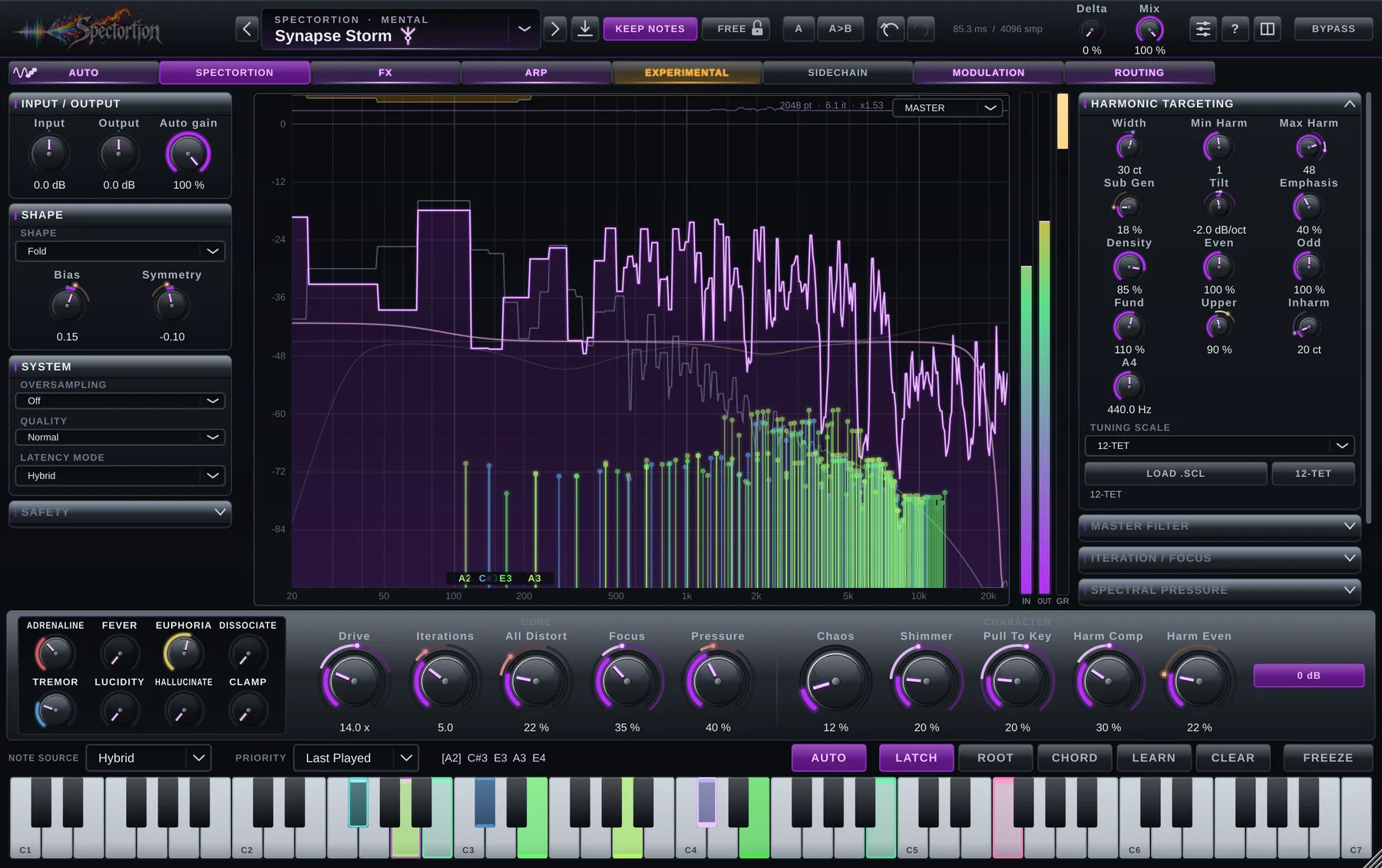 The Spectortion interface: analyser in the centre, harmonic targeting on the right, the eight macros and the core knobs along the bottom, keyboard strip at the foot
