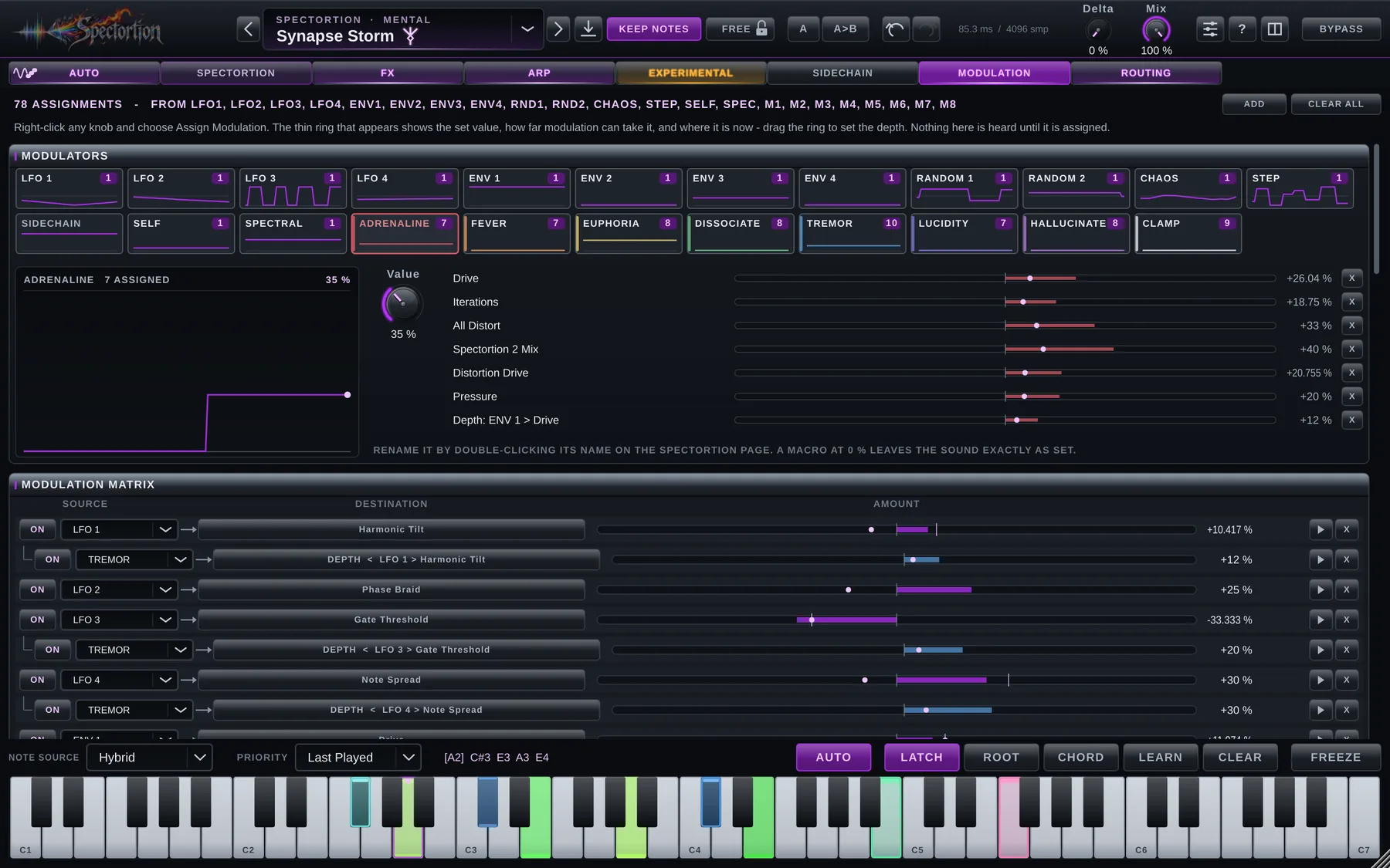 The MODULATION page: the eight macros and fifteen modulator tiles at the top, the selected source with its controls, and the modulation matrix below