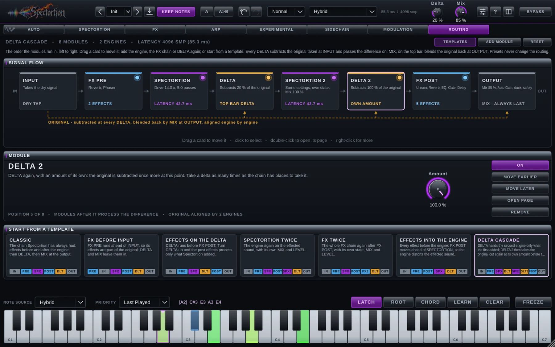 The ROUTING page in the Delta cascade template: INPUT, FX PRE, SPECTORTION, DELTA, SPECTORTION 2, DELTA 2, FX POST and OUTPUT, with DELTA 2 selected and its AMOUNT knob in the module panel
